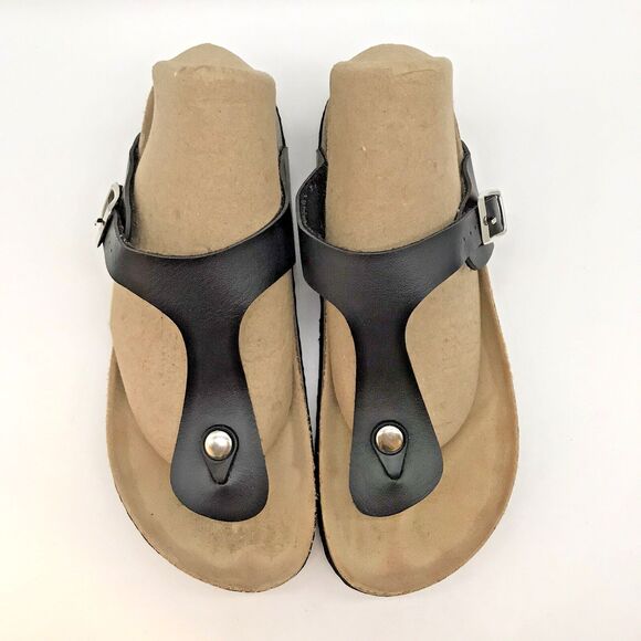 Mudd Cow Suede Cork Footbed Sandals Women's 8 Black Adjustable Buckle Thongs - Picture 6 of 11